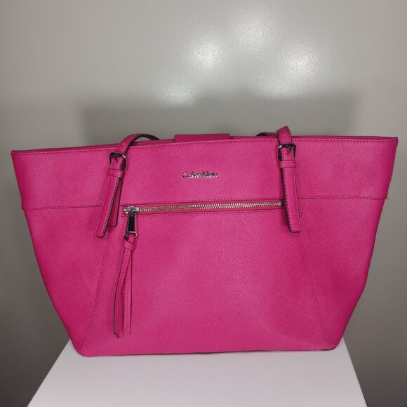 Calvin Klein Ash Tote Bag Faux Saffiano Leather Hot Pink Tote Bag Purse - Picture 2 of 11